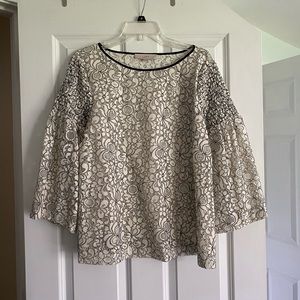 LOFT lace blouse top Sz L ivory black 3/4 bell sleeve scoop neck pullover